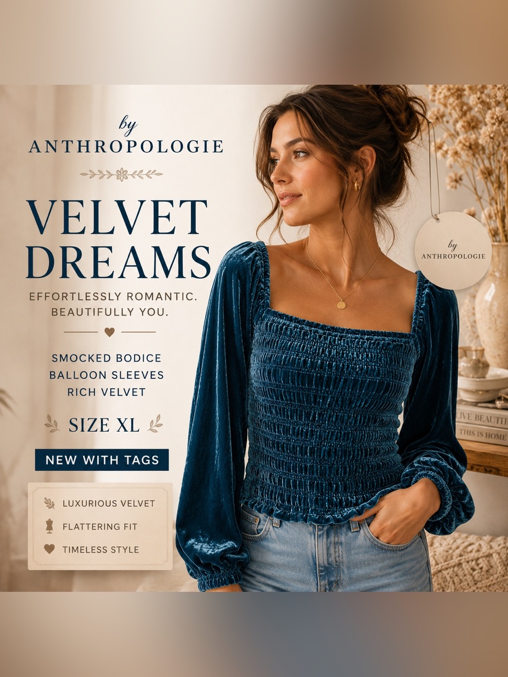 NWT Anthropologie XL Teal Blue Velvet Smocked Square Neck Balloon Sleeve Blouse